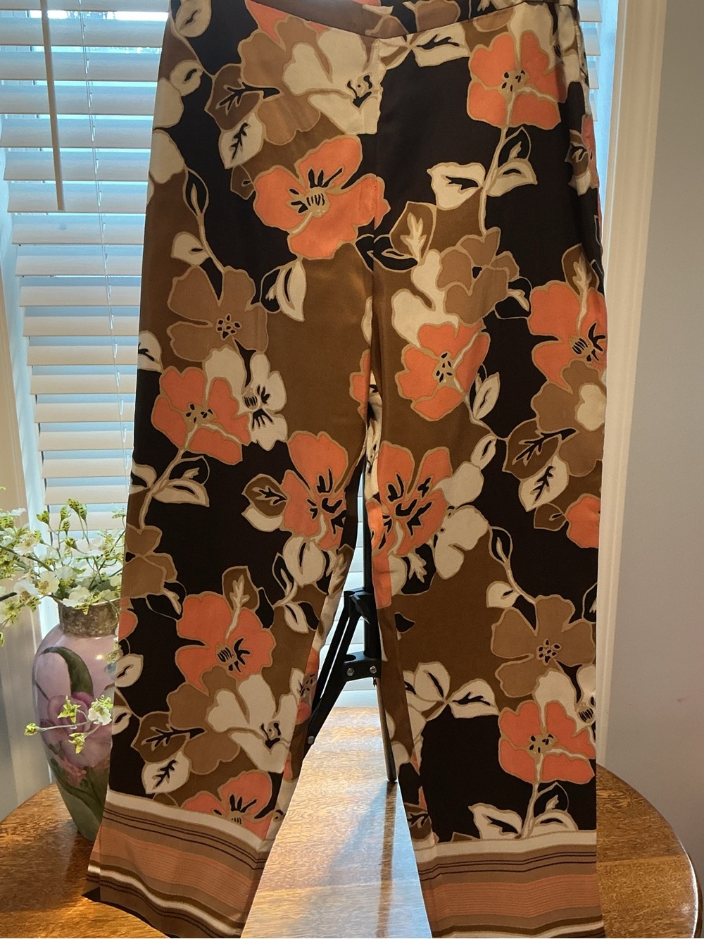 Silk Floral Pants in Black, Brown & Coral